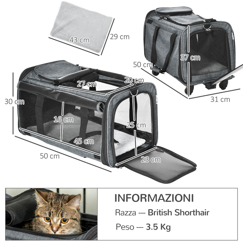 Trasportino per Cani e Gatti 4 in 1 Pieghevole 50x31x37 cm con Maniglia Telescopica Grigio