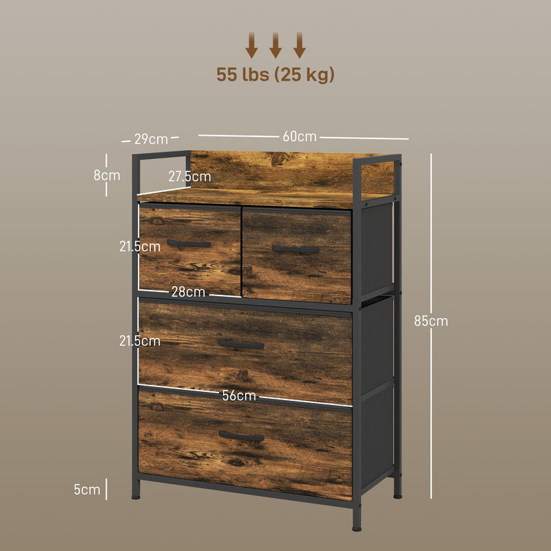 Cassettiera 4 Cassetti Design Industriale 60x29x85 cm in Acciaio Legno e Tessuto Marrone e Nero   