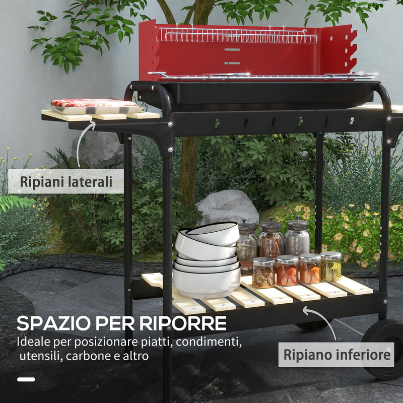 Barbecue a Carbonella 103x47x95 cm con Griglia Regolabile e 3 Ripiani in Metallo e Legno Rosso  