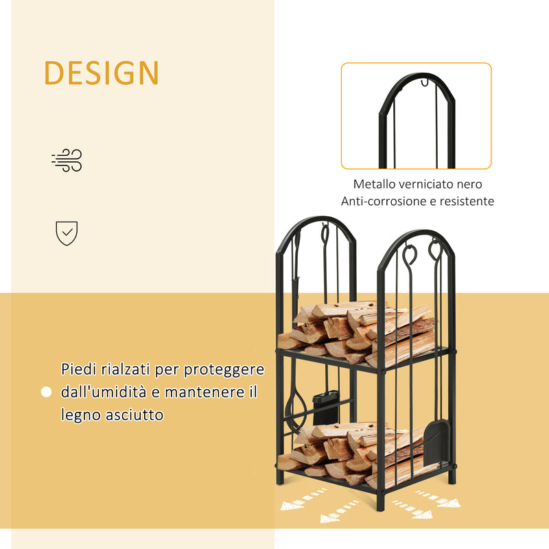 Portalegna per Camino Legnaia a 2 ripiani in Metallo 41,5x32,5x74,5 cm Max 60Kg con attrezzi Nero