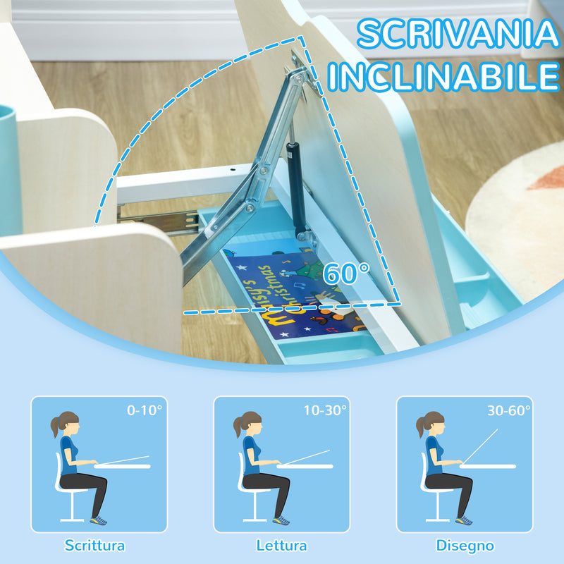 Banco Studio Scuola per Bambini 80x52x88-109 cm in MDF e Acciaio Azzurro