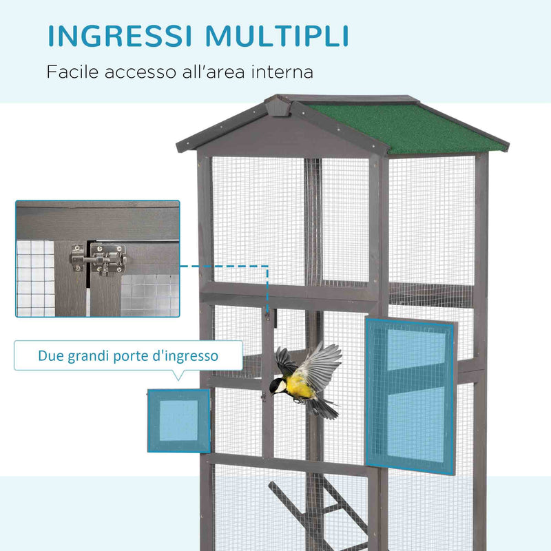 Gabbia per Uccelli Voliera Alta da Esterno 68x63x165 cm 2 Porte e Vassoio Estraibile in Legno Grigio Chiaro 