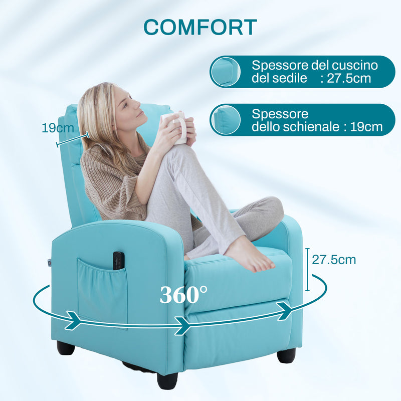 Poltrona Relax Massaggiante 68x88x98 cm con Telecomando e 8 Programmi Reclinazione e Poggiapiedi Azzurro 