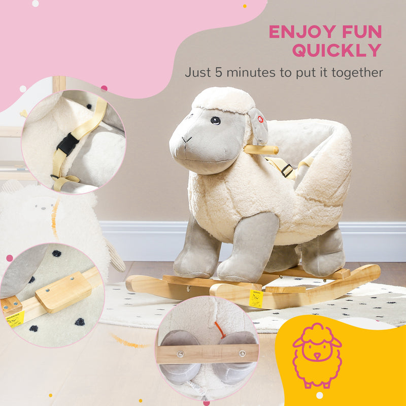 Cavallo a Dondolo per Bambini in Legno e Peluche Pecorella Grigio  