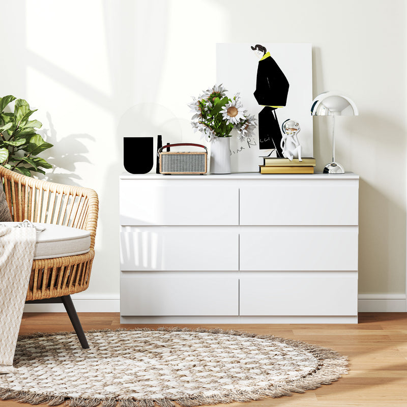 Comò Cassettiera 6 Cassetti 120x39x75 cm con Maniglie a Gola in Legno Bianco   