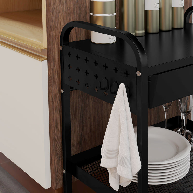 Carrello da Cucina con Cesto Cassetto Estraibile e 3 Ganci 61x32,6x58,5 cm in PP e Metallo Nero