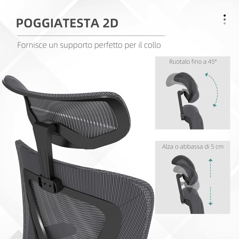 Sedia Poltrona Direzionale da Ufficio 65x64x120-130 cm in Tessuto a Rete Grigio Scuro