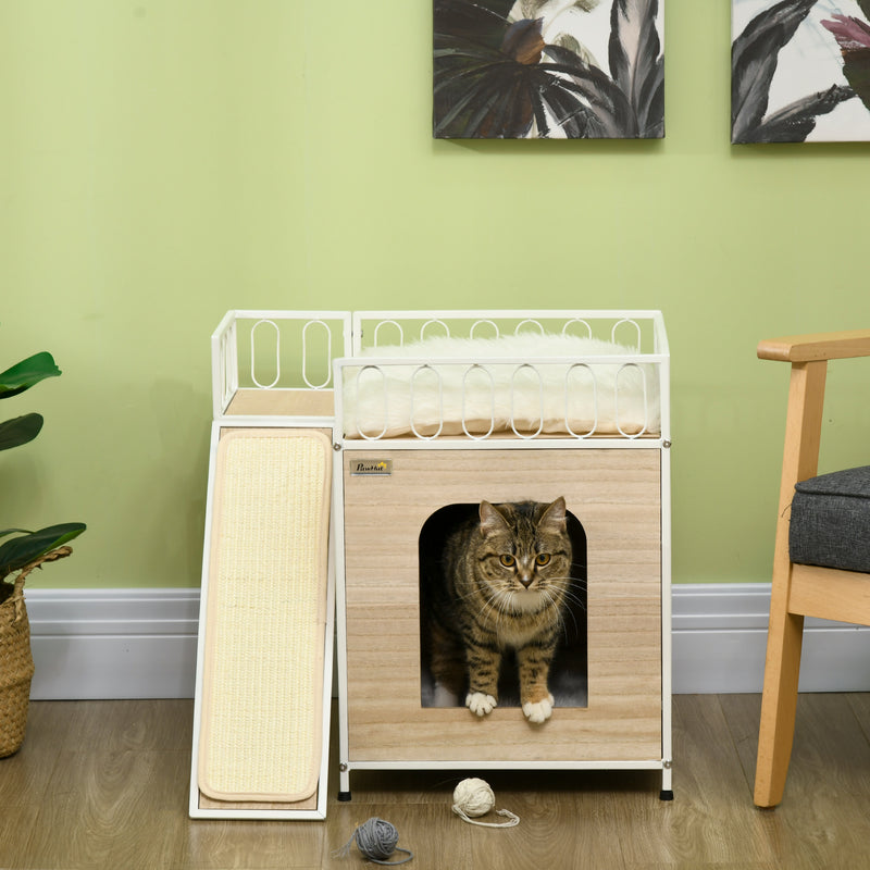 Casetta per Gatti 56x40x54 cm con Tiragraffi e Scaletta Legno e Bianco