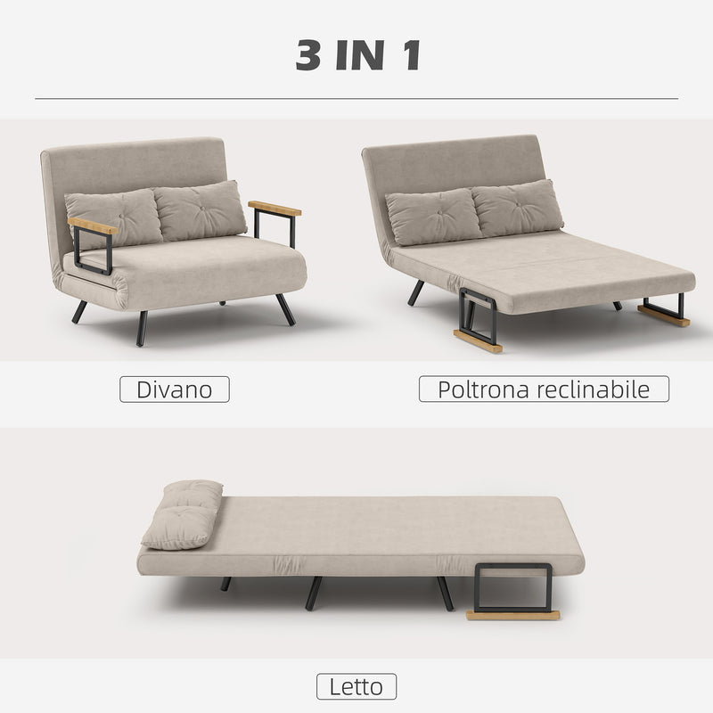 Divano Letto con Schienale Reclinabile e 2 Cuscini in Tessuto Effetto Velluto Bianco Crema  