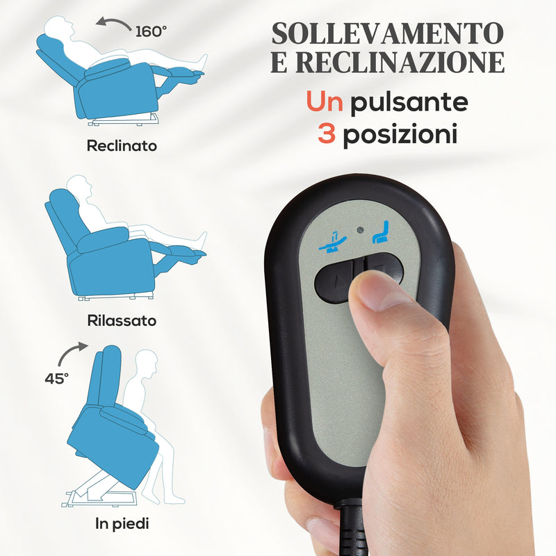Poltrona Alzapersona Reclinabile con Poggiapiedi e Telecomando 76x90x105 cm Azzurro  