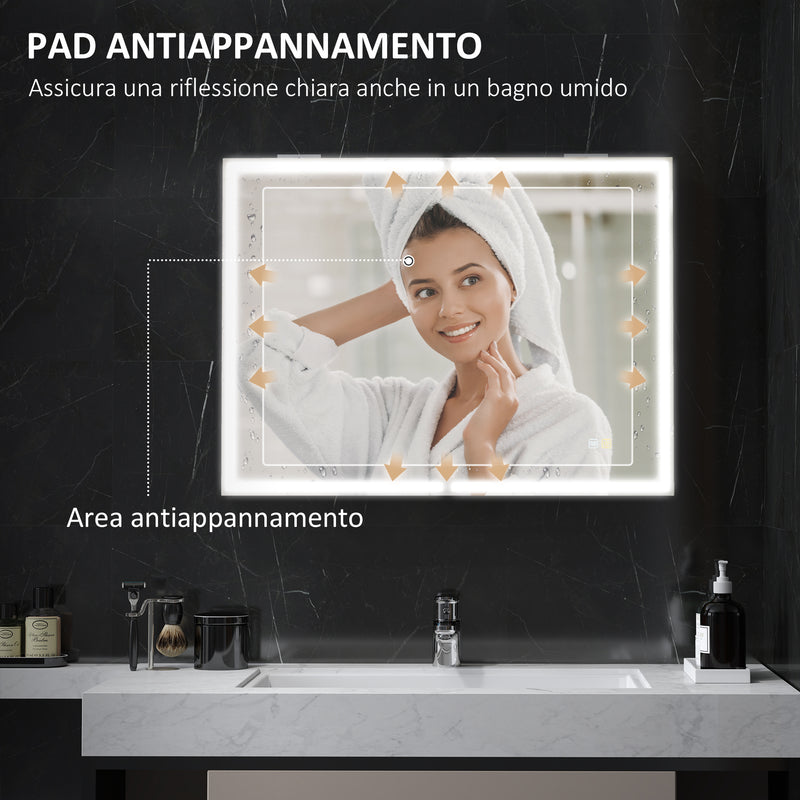 Armadietto a Specchio da Bagno 80x12,8x60 cm Illuminato a LED 3 Tonalità in Vetro e Alluminio Nero  
