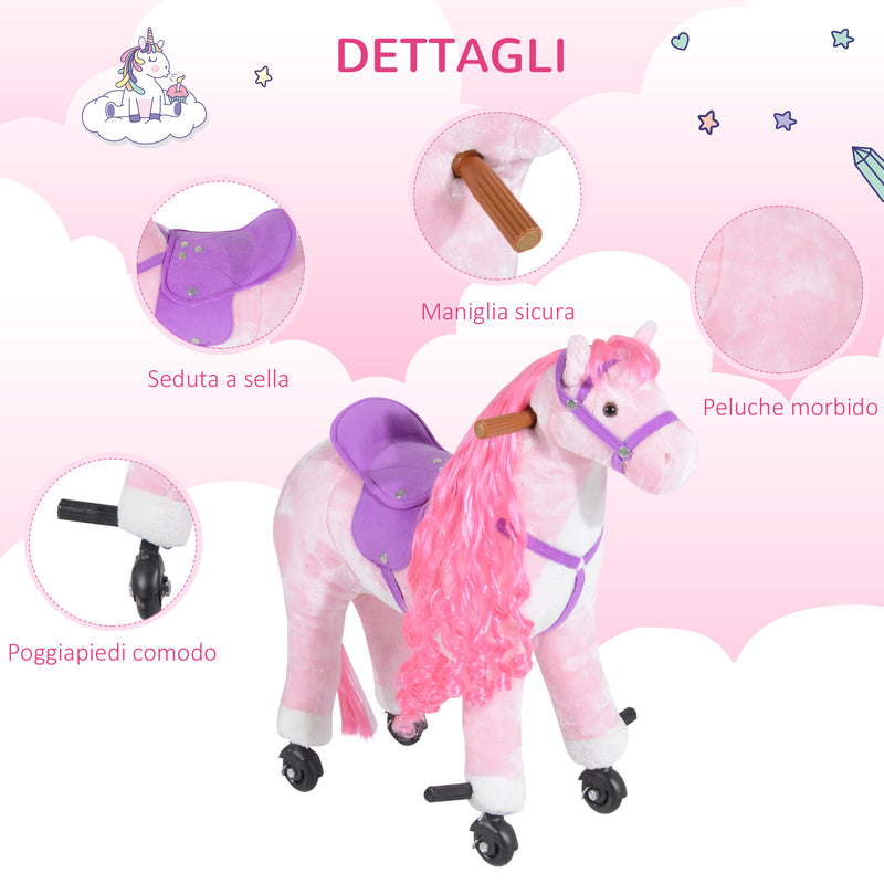 Cavallo a Dondolo per Bambini 65x28x75 cm con Rotelle Suoni e Poggiapiedi Rosa