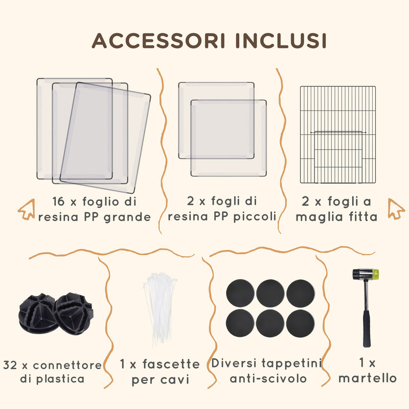 Recinto per Animali Modulabile 175x70x45 cm  con 20 Pannelli e 2 Porte in Acciaio e PP Bianco e Nero  