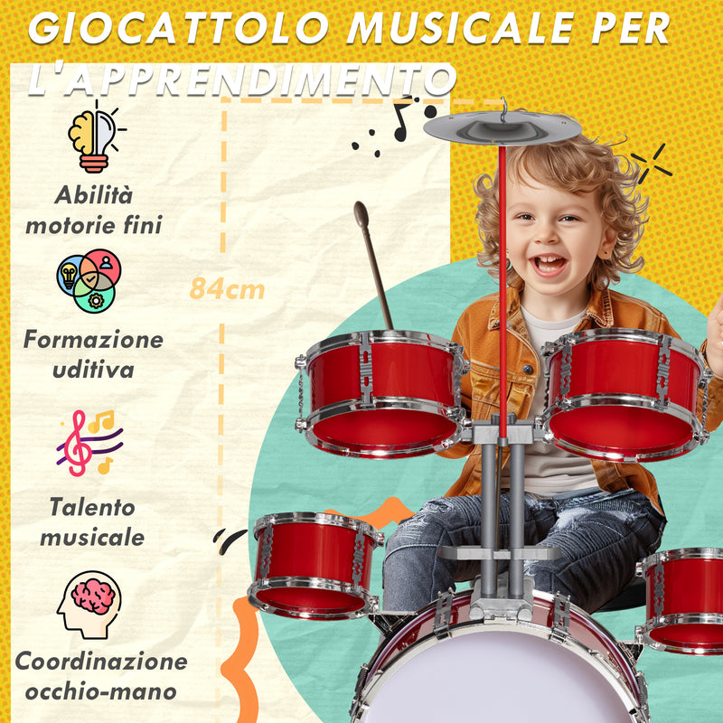 Batteria Musicale Giocattolo per Bambini Grancassa 4 Tamburi e Piatti con Bacchette e Sgabello Rosso  
