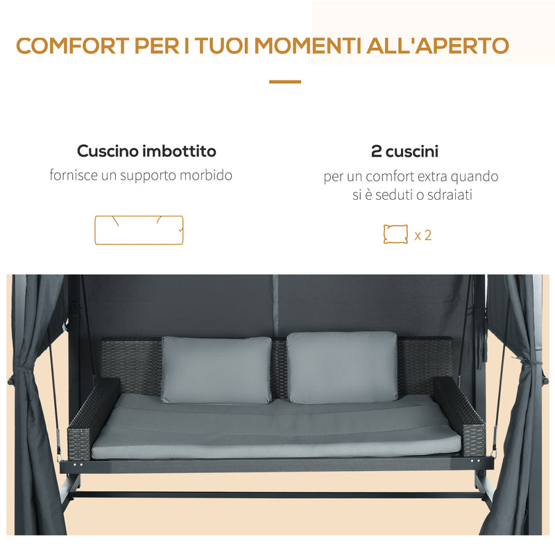 Dondolo Lettino con Pergola da Giardino 235x180x210 cm in Acciaio e Rattan PE Grigio Scuro