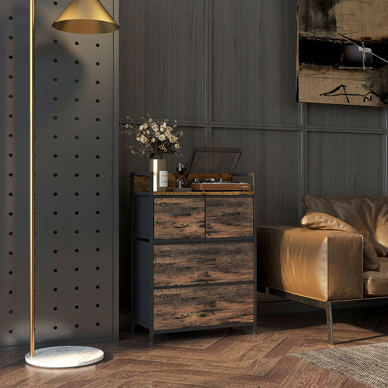 Cassettiera 4 Cassetti Design Industriale 60x29x85 cm in Acciaio Legno e Tessuto Marrone e Nero   