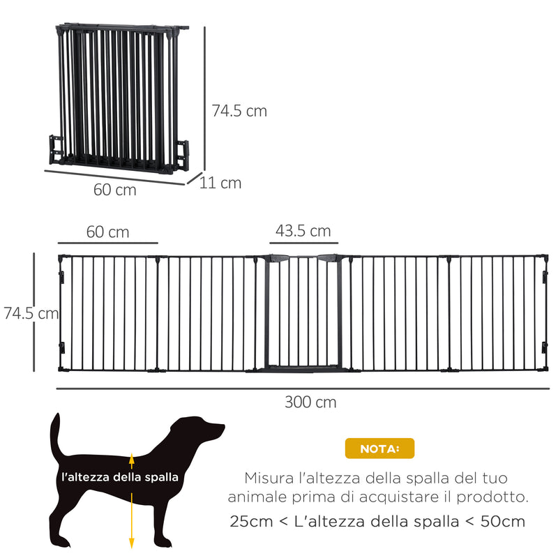 Cancellino per Cani Taglia Piccola e Media Pieghevole a 5 Pannelli 300x3x74,5 cm in Metallo e Plastica Nero