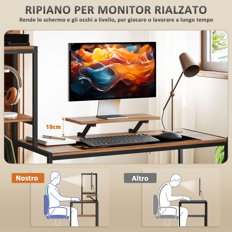 Scrivania per PC Reversibile 150x48x125cm con Supporto per Monitor e Scaffali Marrone   
