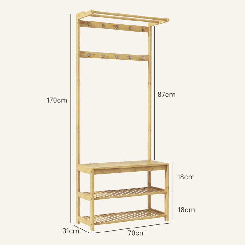 Mobile Appendiabiti da Terra con Ganci Aste e Scarpiera in Bambù 70x31x170 cm Marrone 