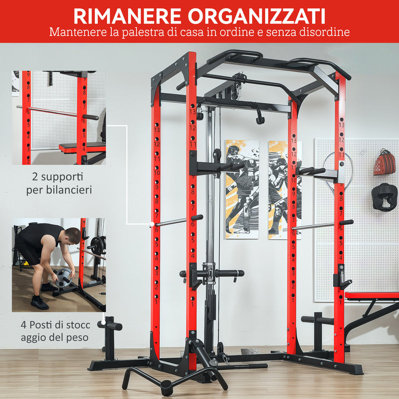 Stazione Fitness 191x153x205 cm Bilanciere Trazioni e Dip in Acciaio Rosso e Nero 