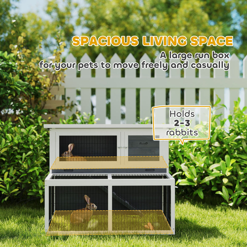 Conigliera a 2 Livelli 122x95x93,5 cm con Vassoio Estraibile  in Legno di Abete e Acciaio Grigio e Bianco  