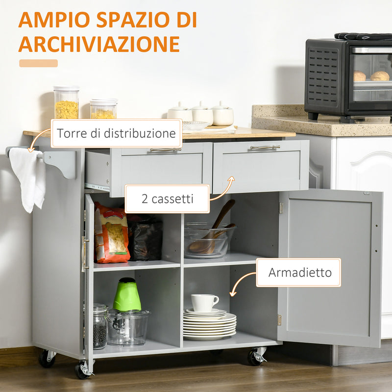 Carrello Isola da Cucina 2 Cassetti e Armadietto Piano in Legno 104x46x91 cm Grigio  