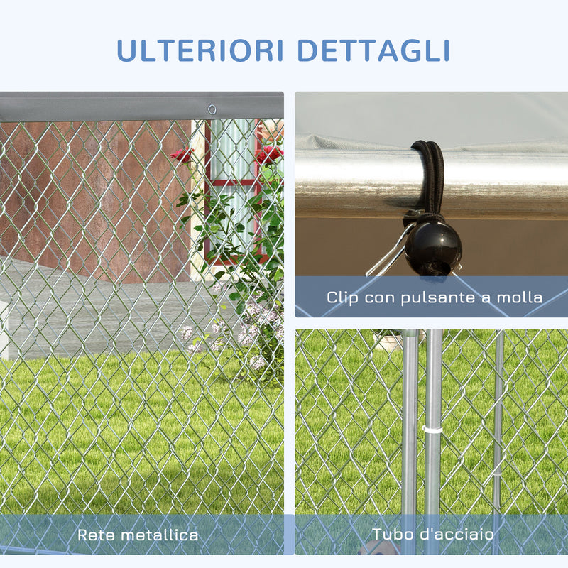 Recinto per Cani Taglia Grande 2,1x1,85x1,5m Tetto in Tessuto Oxford Anti UV Argento e Grigio