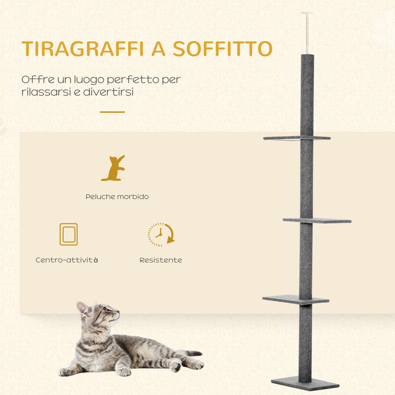 Albero Tiragraffi per Gatti a Soffitto 4 Livelli 43x27x228-260cm Altezza Regolabile Grigio