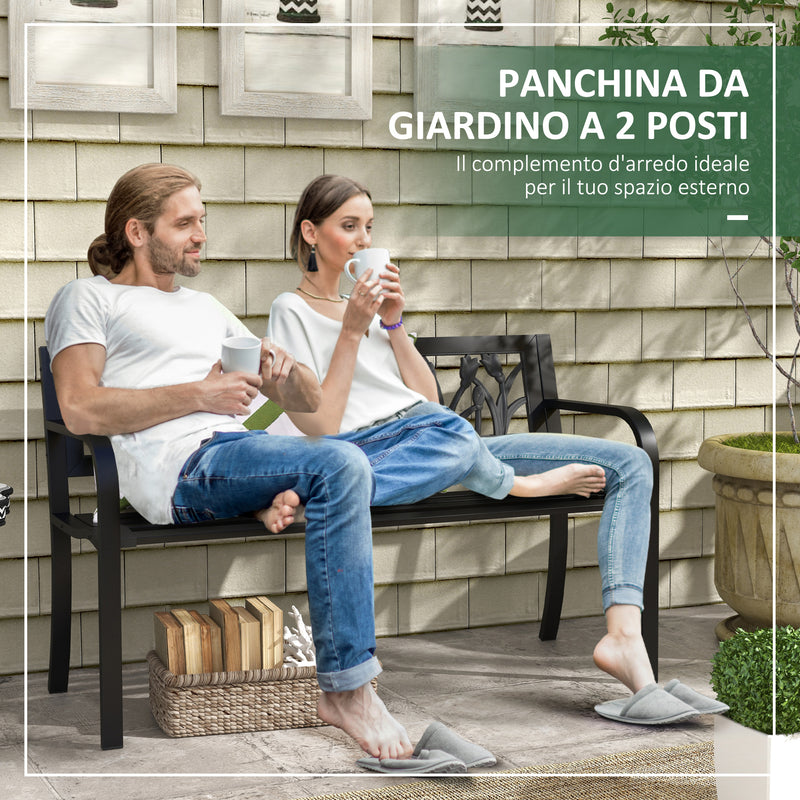 Panchina da Giardino  2 Posti  con Schienale Decorato e Braccioli 125x50x75 cm in Acciaio Nero