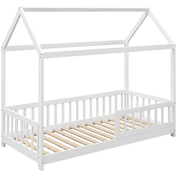 Letto Singolo per Bambini Casetta 96x195x165 cm con Doghe e Recinzione in Legno di Pino Bianco online