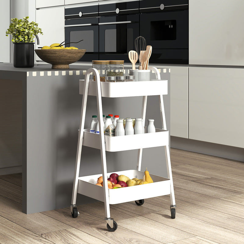 Carrello da Cucina Multiuso a 3 Livelli 42,4x29,8x74,5H cm con Ruote e Freno Bianco   