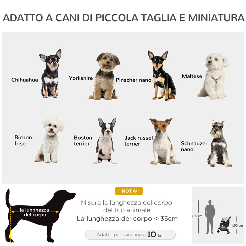Passeggino per Cani Piccoli Pieghevole con Copertura Antipioggia a 3 Ruote Cachi  