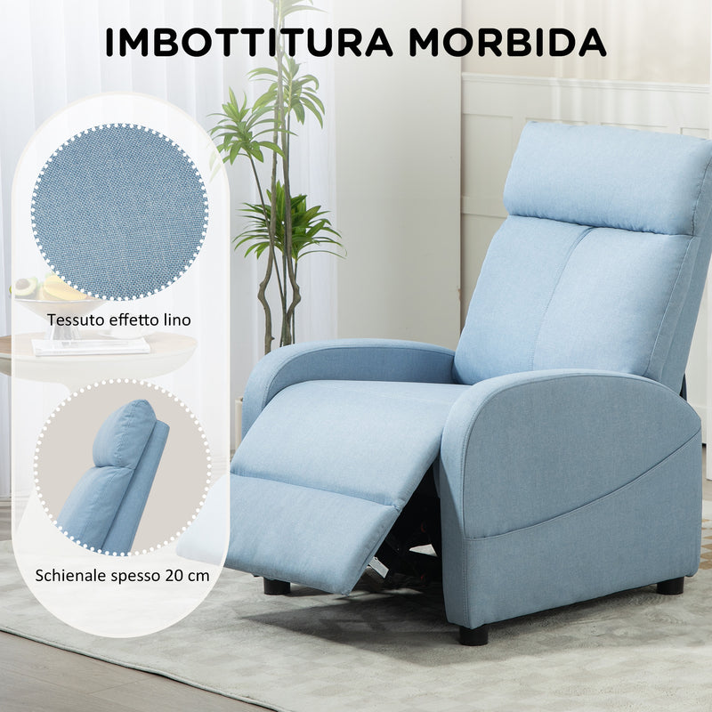 Poltrona Relax Reclinabile 165° 69x85x100 cm in Tessuto Effetto Lino Azzurro 