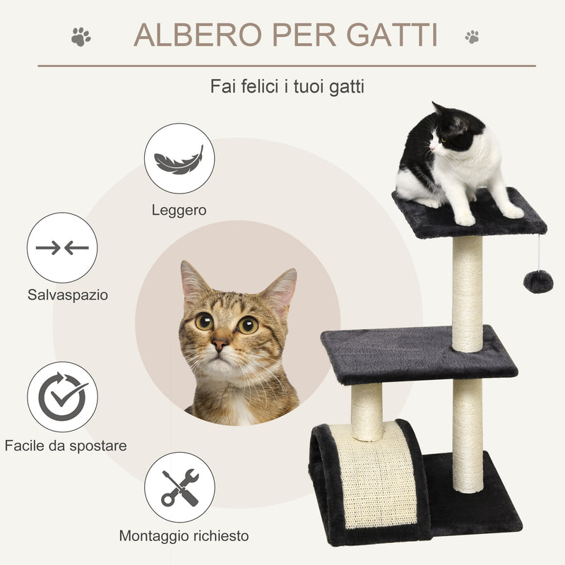 Albero Tiragraffi per Gatti 3 Livelli 40x35x72 cm Piattaforme Arco e Palline in Sisal e Peluche Grigio