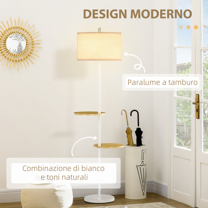 Lampada da Terra a Piantana Ø40x163 cm con 2 Mensole e Paralume in Tessuto Bianco