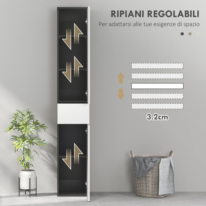 Mobile a Colonna da Bagno Salvaspazio con 2 Armadietti e Cassetto 30x28x180 cm Nero e Bianco 