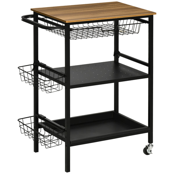 3-stöckiger Küchenwagen 75 x 43,5 x 91 cm mit 2 Rollen und abnehmbarem Korb in Holz und Schwarz acquista