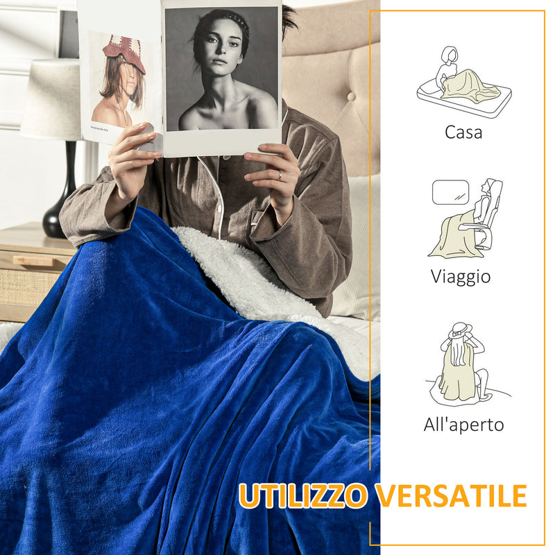 Coperta Plaid Dubleface 203x152x0,5 cm in Flanella 220 GSM e Sherpa 260 GSM Blu Scuro