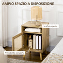 Comodino per Camera da Letto Stile Boho 39x35x60 cm con Armadietto e Ripiano Aperto in Legno e Rattan   