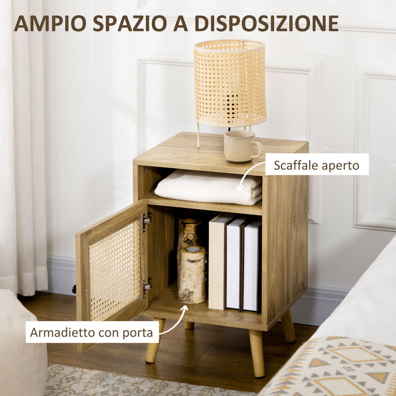 Comodino per Camera da Letto Stile Boho 39x35x60 cm con Armadietto e Ripiano Aperto in Legno e Rattan   