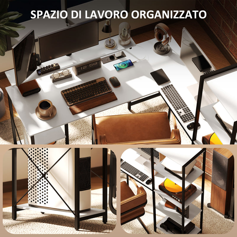 Scrivania Angolare 137x140x139,5 cm Supporto per Monitor Presa Elettrica e USB Bianco e Nero   