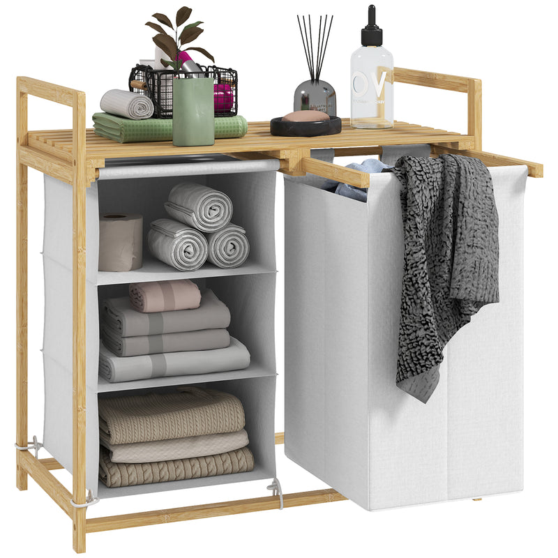 Cesto Portabiancheria 70x36x70 cm con 2 Borse Estraibili e Ripiano in Bambù Bianco   