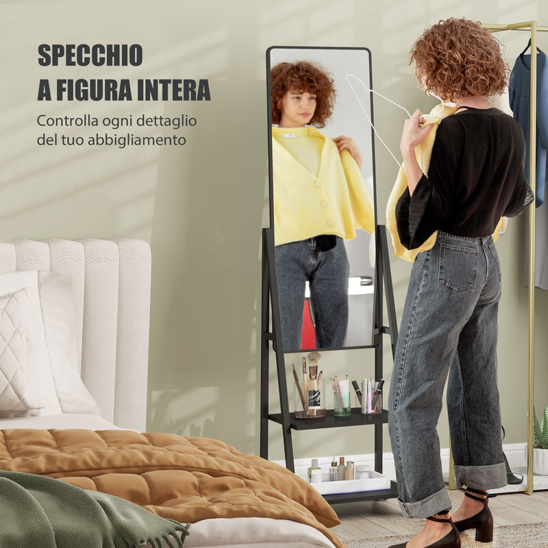 Specchio da Terra Autoportante con Ruote 42x37x155 cm in Acciaio e Legno Nero   
