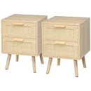 Set 2 Comodini con 2 Cassetti 40x40x56 cm in Legno e Rattan Naturale