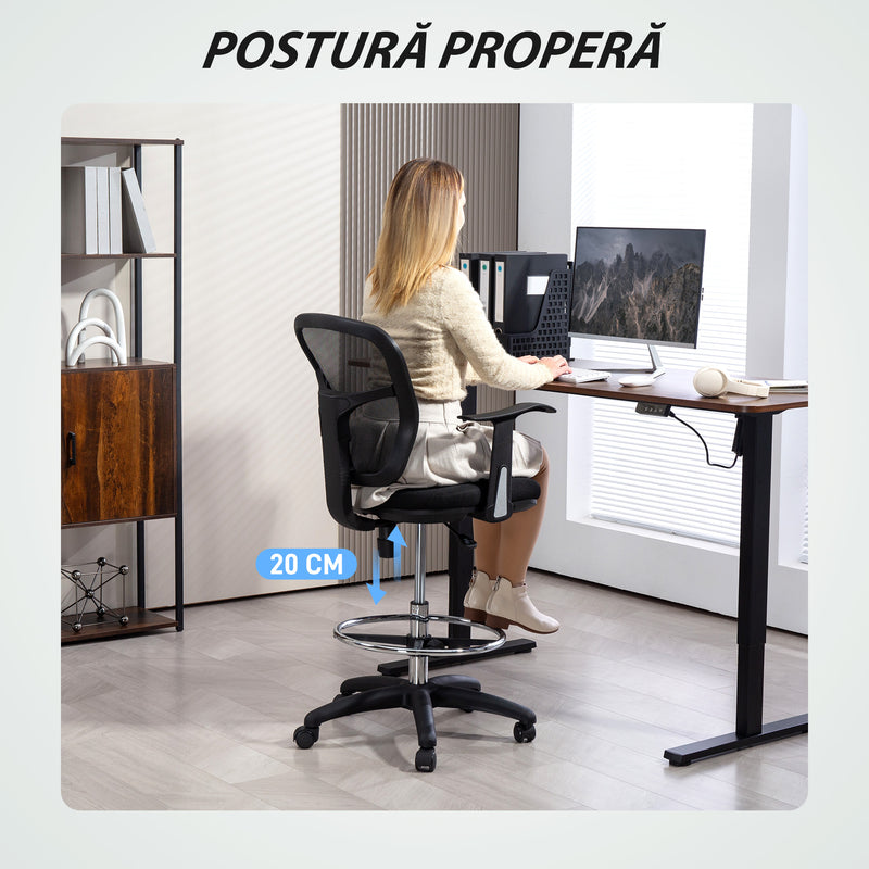 Sedia Girevole 55x58x94 cm con Anello Poggiapiedi e Schienale Ricurvo Nero  