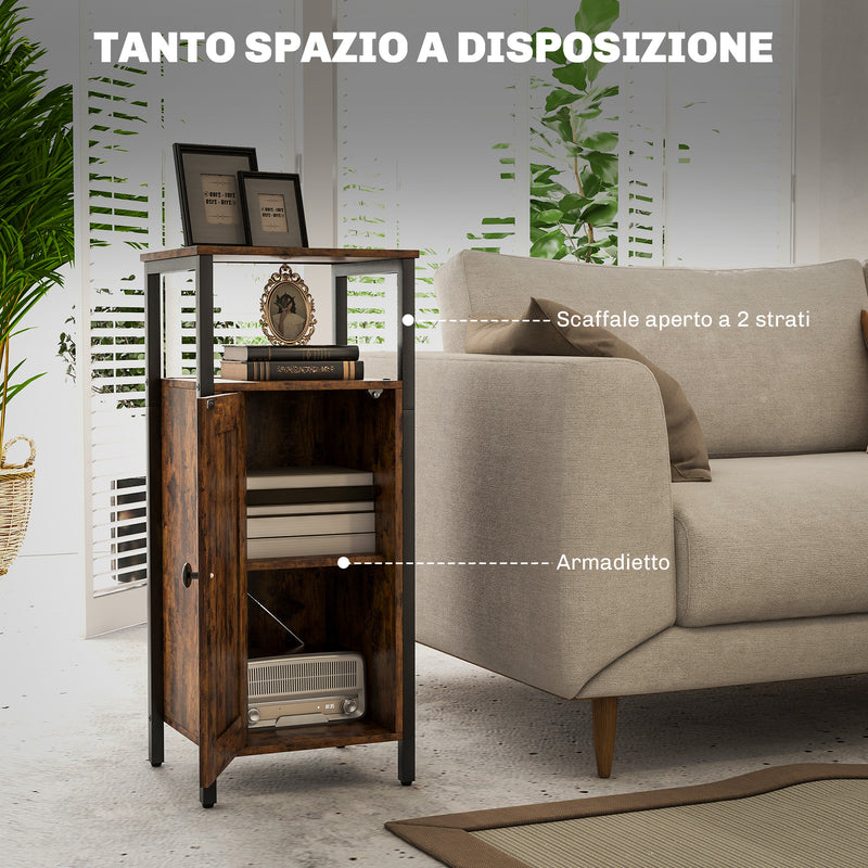 Comodino Stile Industriale 2 Ripiani e Scaffale Interno Regolabile 34x30x80 cm in Legno e Acciaio Marrone