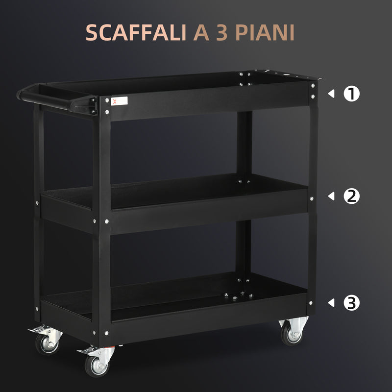 Carrello Porta Attrezzi a 3 Livelli 83x35,3x76 cm in Acciaio Nero   