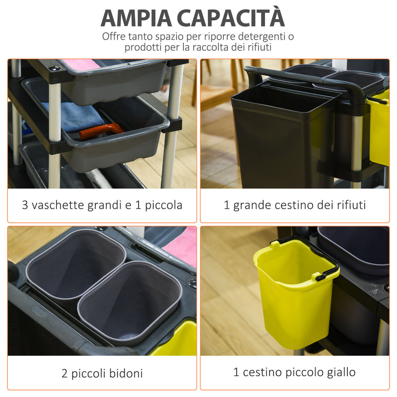 Carrello Pulizie Professionale 3 Livelli 110x50x92 cm in Plastica e Alluminio Grigio