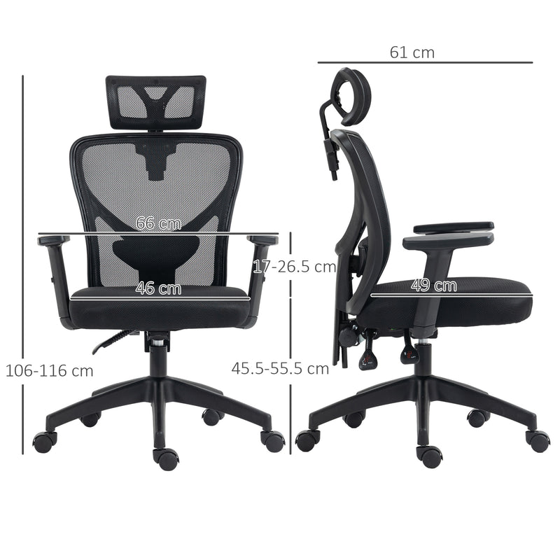 Sedia da Ufficio Ergonomica con Altezza Regolabile Supporto Lombare e Poggiatesta 66x61x106-116 cm  Nero
