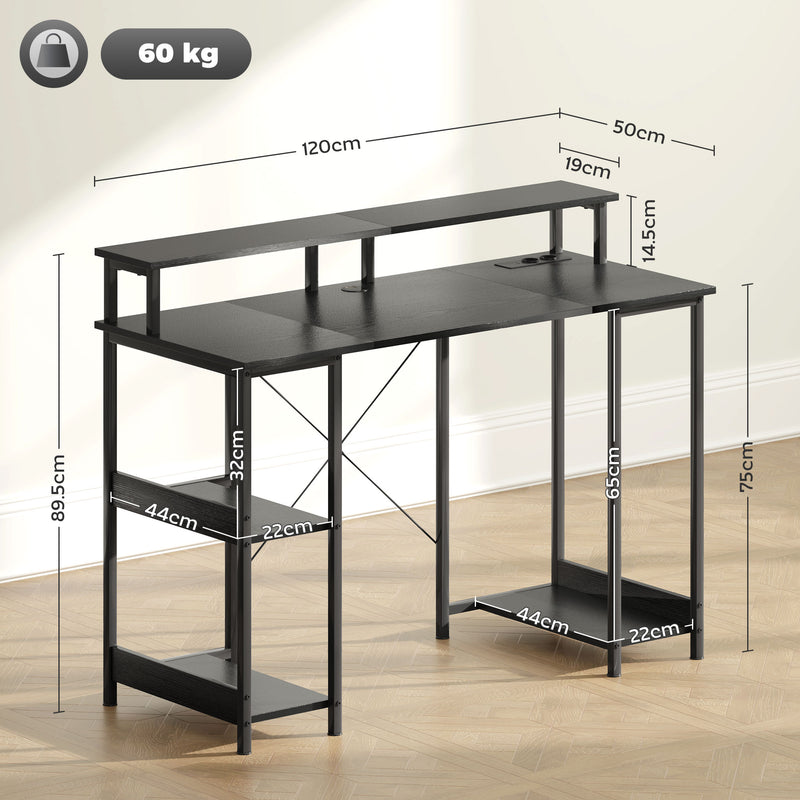 Scrivania per PC 120x 50x89,5 cm Reversibile con Prese Elettriche Luci e Supporto Monitor Nero   
